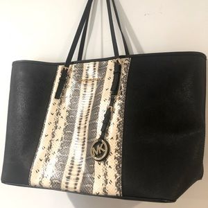 Michael Kors Jet Set Center Stripe Python Print Black Tote